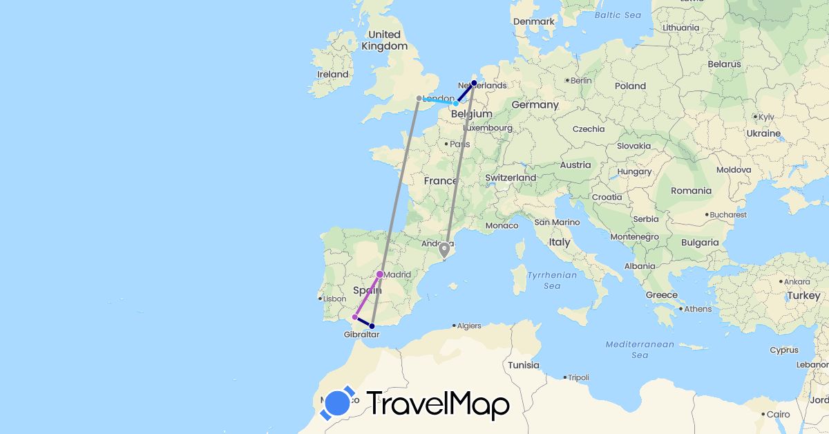 TravelMap itinerary: driving, plane, train, boat in Belgium, Spain, United Kingdom, Netherlands (Europe)